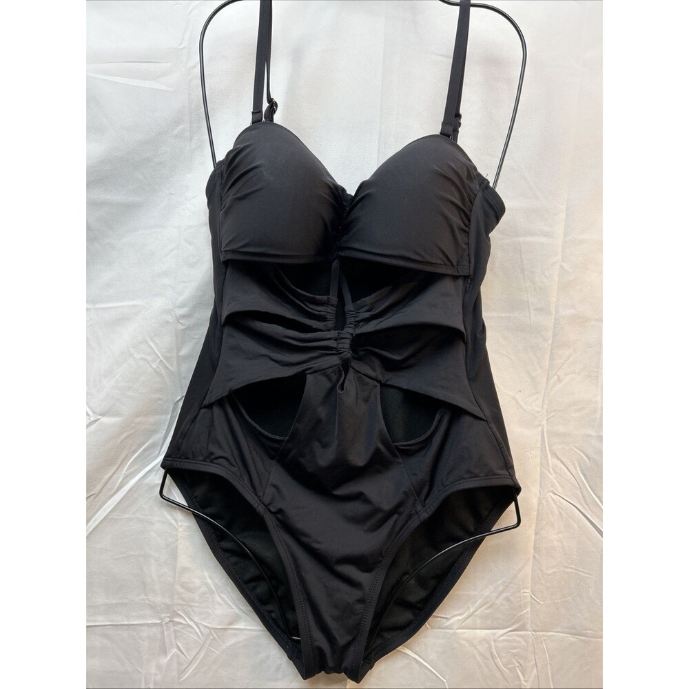 Kenneth Cole New York Black Cutout One Piece Swimsuit Ruched Padded Cups Beach